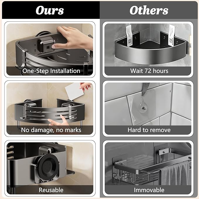 Corner Shower Caddy Suction Cup, 2 Pack Shower Shelves Corner No Drilling, Aluminum Shower Organizer Suction Cup, Removable Bathroom Storage Rack with Towel Bar & Hooks(Gray)