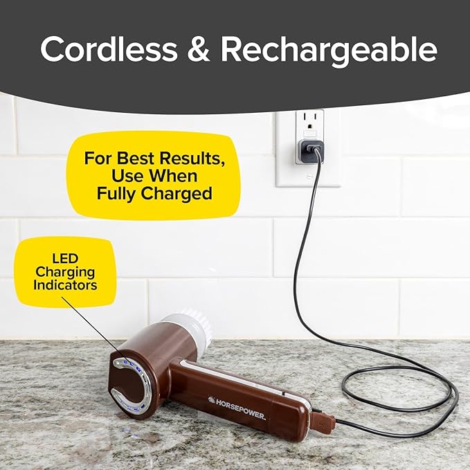 HorsePower Scrubber AS-SEEN-ON-TV Waterproof Rechargeable Handheld 350 RPM Includes 5 Brush Heads, Blast Away Dirt & Grime, Tile Grout, Bathrooms, Kitchen, Auto Rims, Outdoor Furniture, 2 Pack