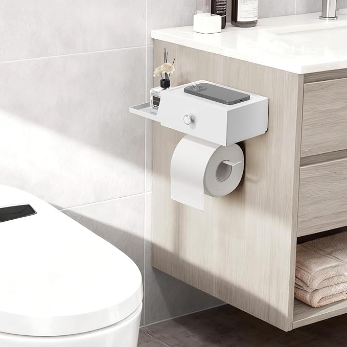 Lifewit Toilet Paper Holder with Shelf and Drawer, Screw or Adhesive Wall Mount Tissue Roll Storage, Dustproof & Flushable Bathroom Wipes Dispenser Organizer, White, 1 Pack