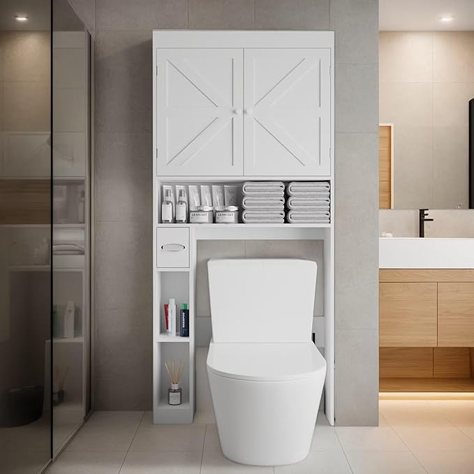 Over-The-Toilet Storage Cabinet - 2 Door Bathroom Organizer with Adjustable Shelves, Farmhouse Style Space-Saving Rack for Bathroom, Toilet, Laundry Room (White)