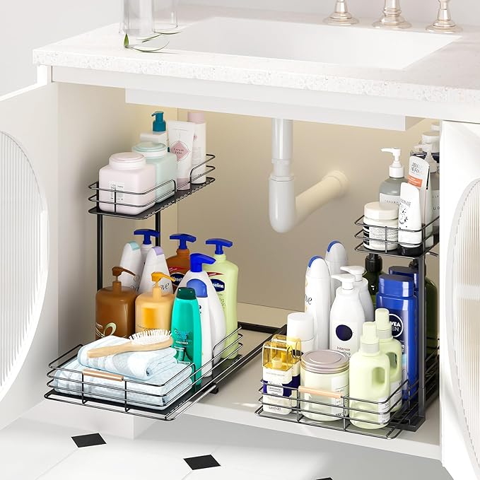 LAMU 2Pack Under Sink Organizers and Storage, 2 Tier Bathroom Kitchen Cabinet Organizers and Storage, Pull Out Under Sink Storage Kitchen Shelf Organizer for Under Counter Storage Organizer