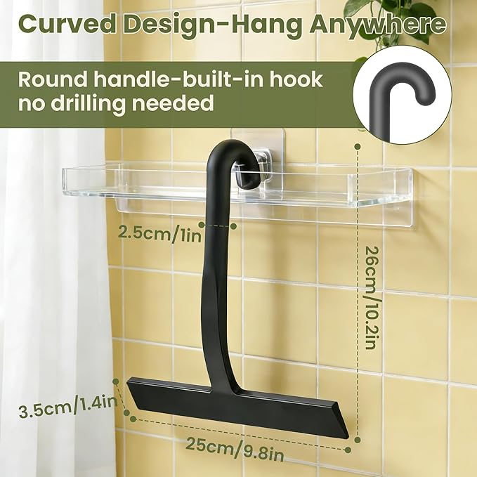 Shower Squeegee for Glass Doors - Ergonomic Round Grip, All-in-One Silicene Design with Built-in Hook Design for Easy Hanging, Efficient for Bathroom, Tile Wall, Car