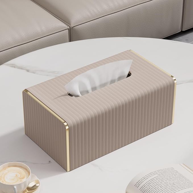 Tissue Box Cover,Beige Rectangle Leather Tissue Box Holders with Gold-Tone Edging Accents,Decorative Tissue Covers for Bathroom Toilet Bedroom Living Room Table Desk Office Car