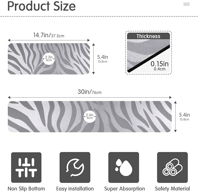 Kitchen Sink Splash Guard 2 PCS 14.7 Inch Sink Faucet Mat Splash Guard for Bathroom Countertop Water Absorbent Foldable Cuttable Soft Washable Light Silvery Zebra Print