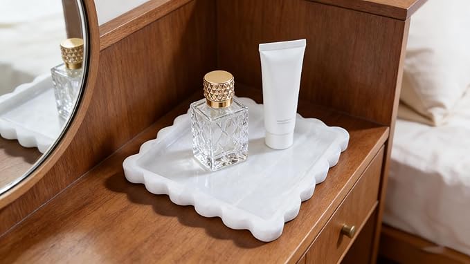 Luxurious White Marble Decorative Tray with Scalloped Edge, Elegant Serving and Vanity Organizer for Bathroom, Kitchen, Bar Display 7.8" L*7.8" W*0.7" H