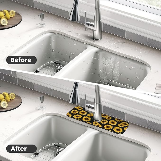 Sunflowers Black Vintage Paingting Kitchen Sink Splash Guard Faucet Mat 1 Pcs, Absorbent Fast Drying Mat Gadgets Splash Guard For Bathroom 15 X 5.5 Inches