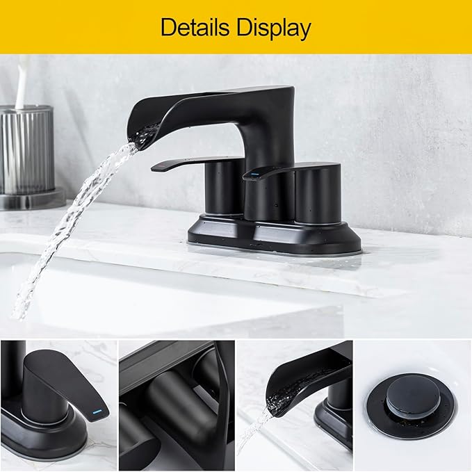 4 Inch Waterfall Bathroom Sink Faucet Centerest Bathroom Faucet Dual Handle Vanity Faucets 2 Hole or 3 Hole Waterfall Basin Mixer Tap with Pop Up Drain, Matte Black