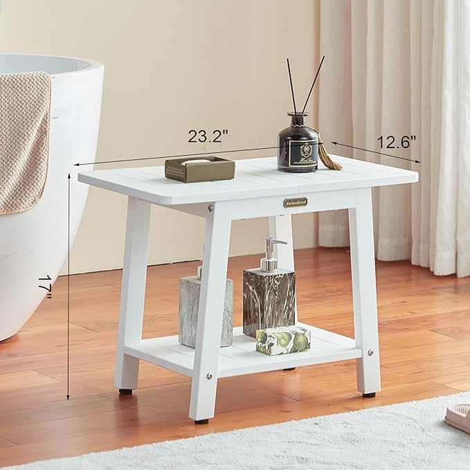 Shower Bench for Inside Shower, HDPS Shower Stool for Shaving Legs, Waterproof White Poly Bathroom Chair Seat, 2 Tier Foot Rest with Shelf & Adjustable Feet, Non-Slip