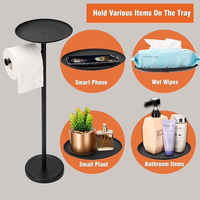 Tofix Freestanding Toilet Paper Holder with Shelf and Tray, Stainless Steel Base, Black