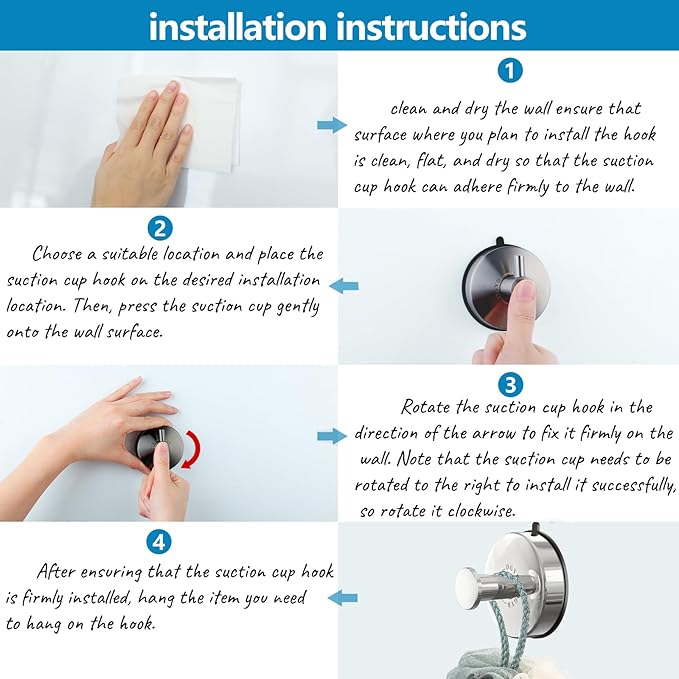 DGYB Suction Cup Hooks for Shower Set of 2 Removable Stainless Steel Towel Hook for Bathroom Glass Window Door Wall and Suction Wreath Hook for Hanging Robe, Loofah, Coat - Chrome