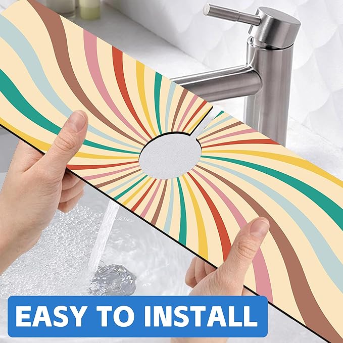 Groovy Retro Swirl Kitchen Sink Splash Guard Mat Absorbent Fast Drying Mat Faucet Draining Mat Sink Splash Guard Behind Faucet Drip Catcher for Kitchen Bathroom 5.5"×24"