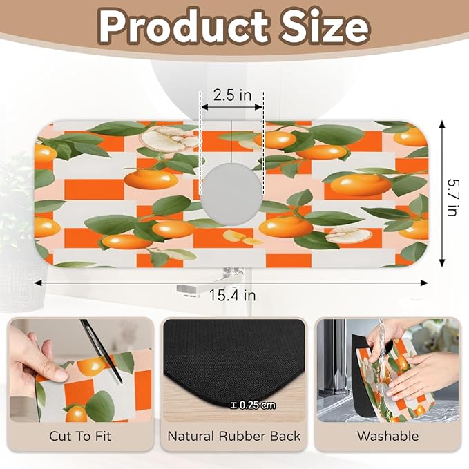 Orange Leaf Grid Pattern Kitchen Faucet Mat Splash Guard, 15.4”x5.7” Absorbent Quick Drying Sink Mat for Countertop Protection, Draining Mat Sink Protectors For Kitchen Bathroom, 2 Pack