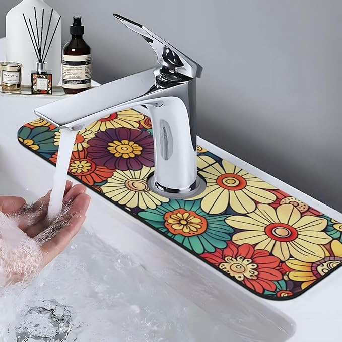 Kitchen Faucet Mat 15 x 5.5 Inch Abstract retro flower Faucet Draining Mat Farmhouse Absorbent Drying Mat Sink Splash Guard Behind Faucet Drip Catcher for Kitchen Bathroom