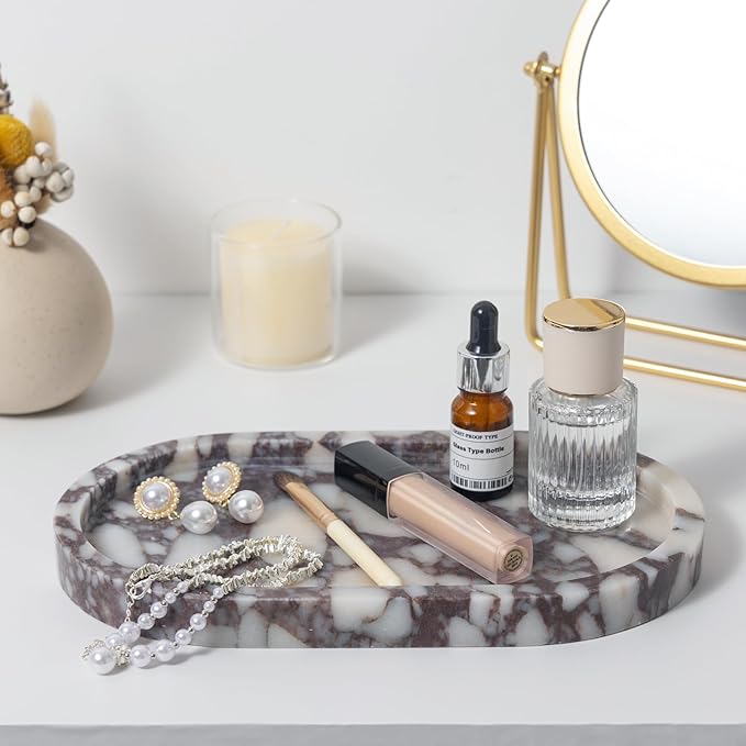 Natural Calacatta Viola Marble Tray 10"x6" - Non-Resin Bathroom Vanity Organizer & Kitchen Decor | Waterproof Oval Stone Serving Dish (Purple Portoro)