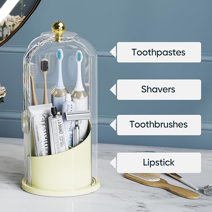 Delamu Toothbrush Holders with 360° Smooth Rotating Base, 3 Slots Bathroom Organizer Countertop with Sliding Lid, Brush Toothpaste Holder Makeup Brush Organizer for Vanity, Creamwhite