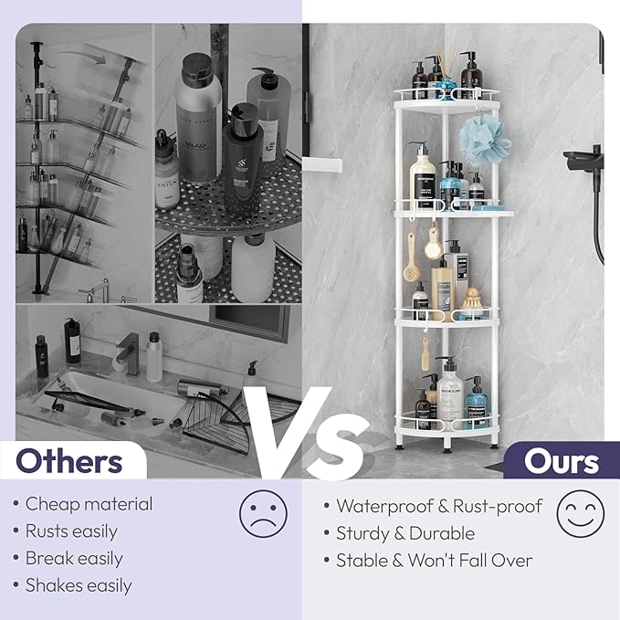 SWTYMIKI Corner Shower Caddy Standing - 4 Tier Stainless Steel Shower Organizer Stand with 4 Hooks & Soap Holder, Rustproof Metal Standing Tall Floor Shower Shelf and Bathroom Organizer, White