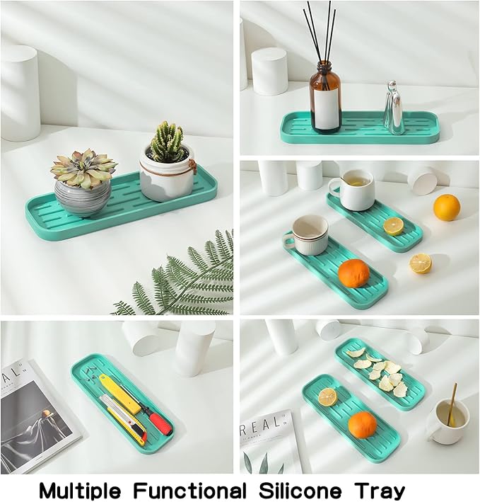 Silicone Kitchen Sink Organizer Tray for Multiple Usage,Eco-Friendly Sponges Holder for Kitchen Bathroom Counter or Sink,Dish Soap Dispenser,Scrubber,Bottle,Cup (Mint, 12"×4")