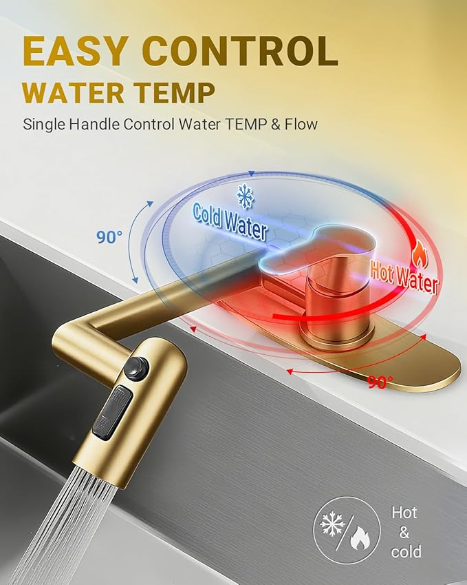 Single Handle Bathroom Faucet, 1080° Swivel Rotatable Faucet with 6'' Deck Plate, Short Bath Sink Faucets for Kitchen Rv Bath Lavatory Sink 1 or 3 Hole, Brushed Gold