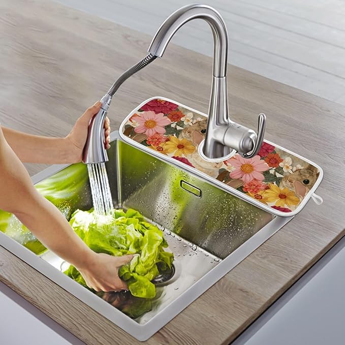 2 PCS Kitchen Sink Splash Guard 14.9 Inch Faucet Mat for Kitchen Sink Bathroom Sink Faucet Absorbing Drip Drain Mat Pad Microfiber Soft Washable Easter Bunny Eggs Flowers Butterfly