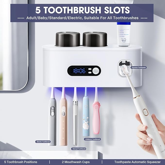 Toothbrush Holders Cleaner & Dryer for Bathroom,LXIANGN Smart Wall Mounted Toothbrush Holders with Countdown LED Screen,5 Toothbrush Slots,2 Cups and Toothpaste Dispenser (White)