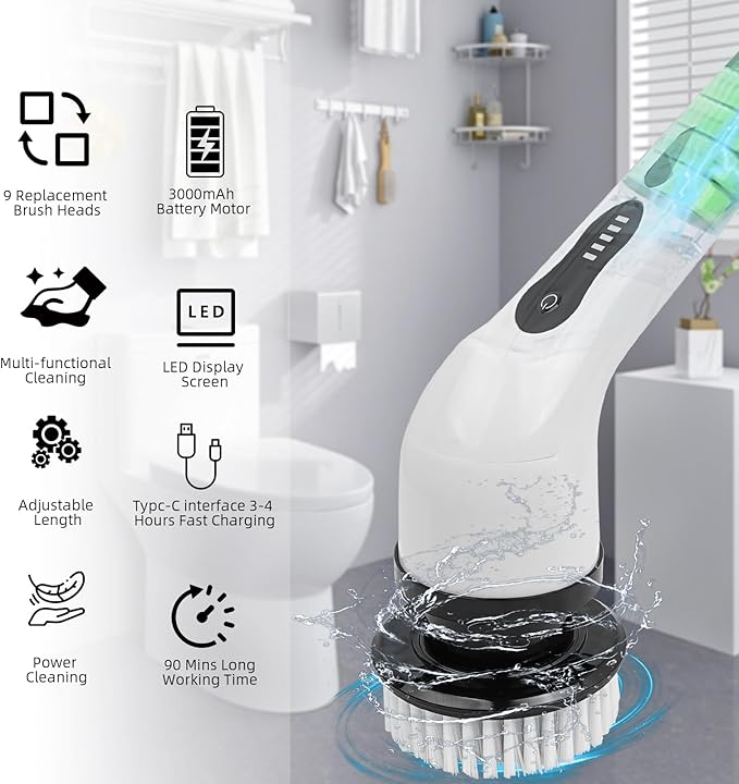 Cordless Electric Spin Scrubber, 360 Rotating Handheld Bathroom Scrubber with 9 Replaceable Cleaning Brush Heads 90Mins Work Time for Cleaning Kitchen,Tile,Tub Floor,Sink,Window,Stove(White)