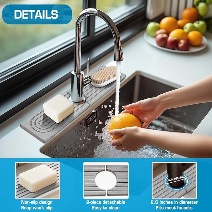 Faucet Mat for Kitchen Sink, Diatomite Quick Drying Tray, Long 23.6'' Kitchen Sink Splash Guard and Bathroom Stone Tray for Counter. Super Absorben. (Light Gray-Rectangle, 15.7" x 4")