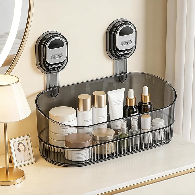 No-Drill Bathroom Suction Cup Storage Shelf - Waterproof Large Capacity Organizer Rack with Strong Suction & Easy Installation for Shower, Toilet, Vanity, Countertop (Gray)