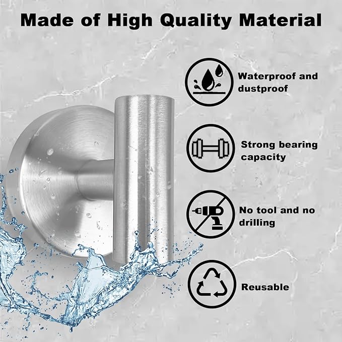 10 PCS Suction Cup Shower Towel Hooks, Wall Mount Robe Holder, Heavy Duty No Drill Wall SUS304 Waterproof Stainless Steel Hooks for Bedroom, Bathroom, Kitchen, Hotel and Office (Brushed Nickel)