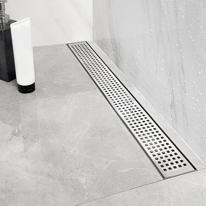 Neodrain 32-Inch Linear Shower Drain with Removable Quadrato Pattern Grate, Brushed 304 Stainless Steel Rectangle Shower Floor Drain, Linear Drain with Leveling Feet,Hair Strainer