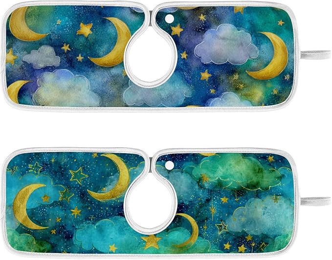 Sink Faucet Absorbing Mat Kitchen Sink Splash Guard Splash Faucet Drip Catcher for Bar RV Bathroom 2PCS 14.9x5.5in Watercolor Moon Star Green