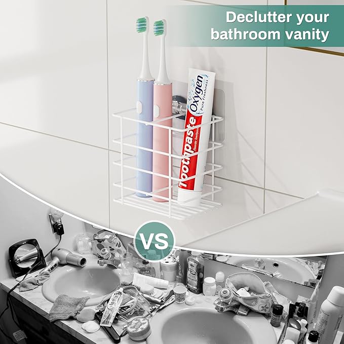 Shower Toothbrush Holder Wall Mounted, Adhesive Toothpaste Organizer for Bathroom Wall, Hanging Razor Tooth Brush Holder Caddy with Drainage, White RV Camper Bathroom Organizers and Storage
