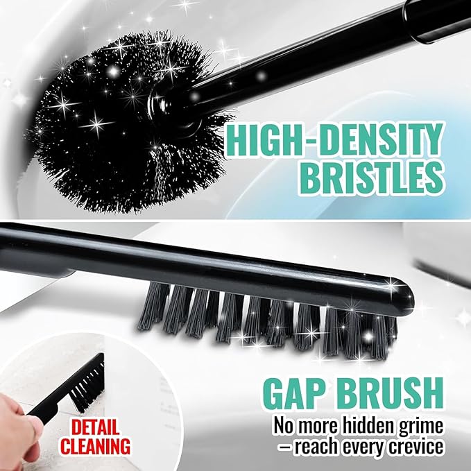 2 Pack 4 in 1 Toilet Brush and Plunger Set with Crevice Cleaning Brush, Toilet Plunger and Brush Set with Extra Long Handle, Plungers for Bathroom Accessories, Toilet Plunger with Holder, Black, Pack