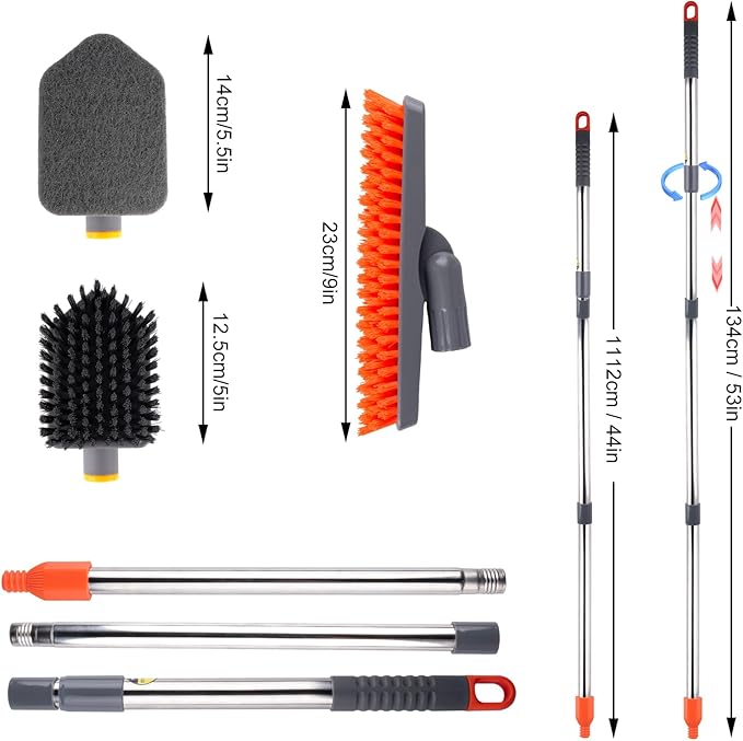 BITOPE Tub Scrubber with 3 Types of Brush Heads, Long Handle Shower Cleaning Brush, Stiff Bristles Brush & Sponge for Cleaning Bathtub, Wall, Tile, Bathroom, Grout line, Floor Gap