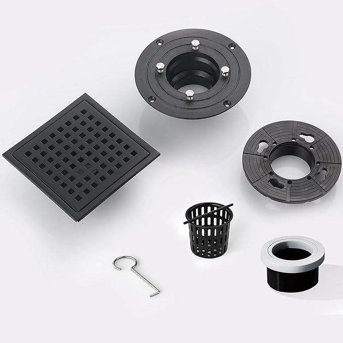 6 Inch Square Shower Floor Drain, Shower Drain Kit with Flange, Square Shower Drain, SUS 304 Stainless Steel Floor Drain,Matte Black