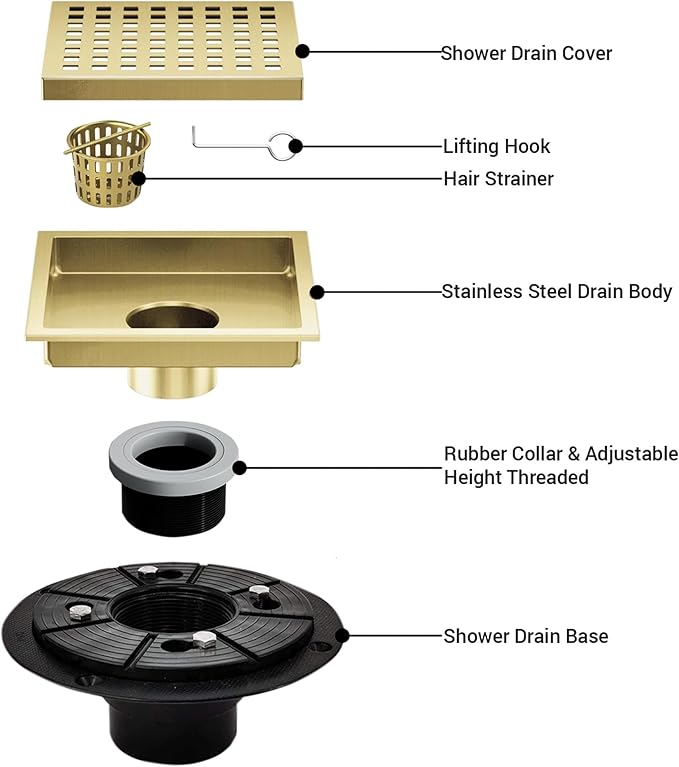 4 Inch Square Shower Floor Drain, Shower Drain Kit with Flange, Square Shower Drain, SUS 304 Stainless Steel Floor Drain,Golden