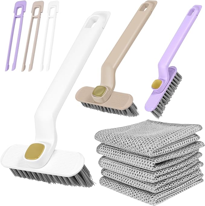 3Pcs Rotating Crevice Cleaning Brush with 5 Rags Multifunctional Gap Cleaning Brush Small Scrub Brush for Cleaning Sink Scrub Brush Bathroom Kitchen Edge Corner Window Track Cleaning Brush