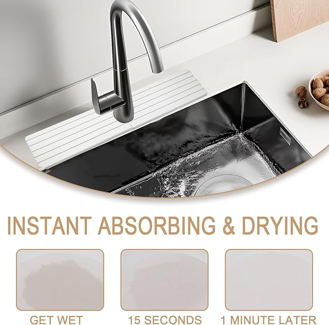 Quick Drying Stone Faucet Mat for Kitchen, Super Absorbent Diatomite Sink Tray Fast Drying Splash Guard, Durable Protector for Kitchen Sink/Bathroom Counter(15.8" x 3.9",White)