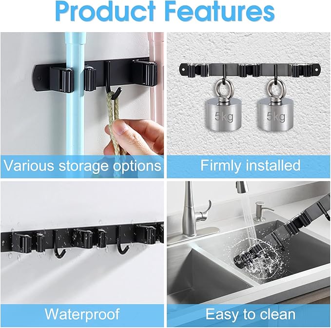 Huryfox Heavy-Duty Stainless Steel Broom Holder, Black, Wall Mount, 1-4 cm Diameter Compatible, Adjustable, 3 Racks, 2 Hooks, Space-Saving