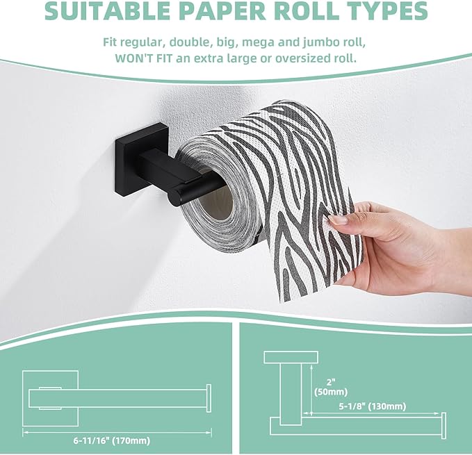 Suyar Bathroom Accessories Set, SUS 304 Stainless Steel Bathroom Hardware Set 4 PCS, Include Robe Hook, Toilet Paper Holder, Hand Towel Holder, Towel Bar, Matte Black