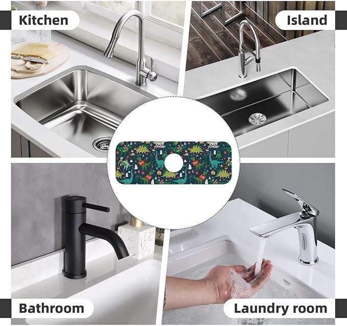 Christmas Dinosaur Tree Xmas Green Kitchen Sink Splash Guard Faucet Mat 1 Pcs, Absorbent Fast Drying Mat Gadgets Splash Guard For Bathroom 15 X 5.5 Inches