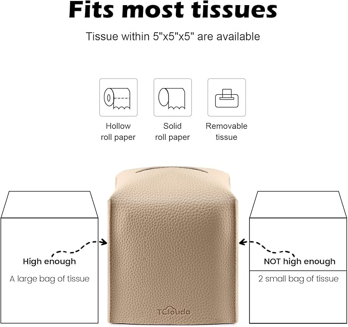 Tissue Box Cover, Tclouda, Modern PU Leather Square Tissue Box Holder for Creative Decorative, 4 Pack, Ideal for Bathrooms/Office/Car/Nightstand/Outdoor Tent, 5"X5"X5", White&Beige&Gray&Claybank