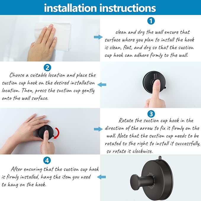 DGYB Suction Cup Hooks for Shower Set of 4 Removable Stainless Steel Towel Hook for Bathroom Glass Window Door Wall and Suction Wreath Hook for Hanging Robe, Loofah, Coat - Black