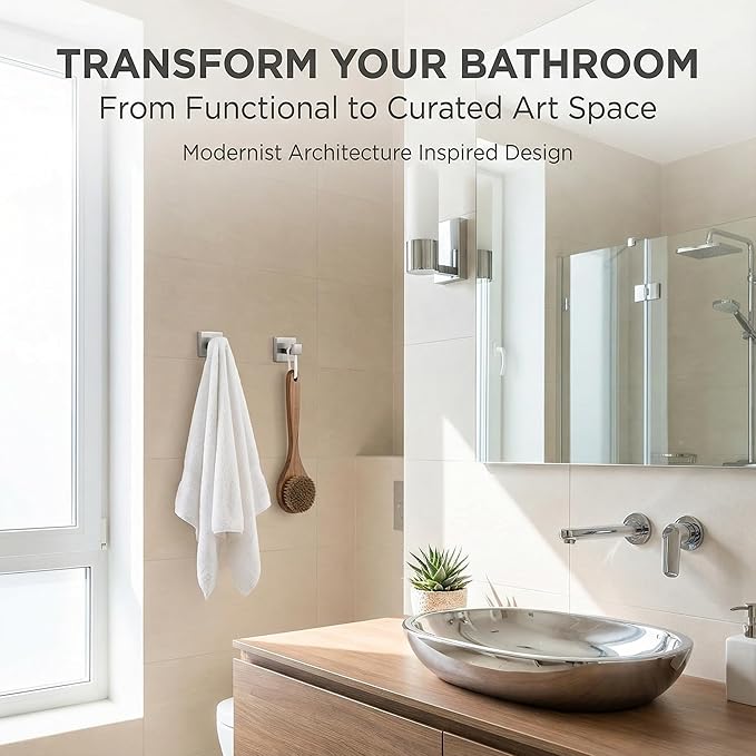 Brushed Nickel Hand Towel Hook 4-Pack, Geometric Series - Stainless Steel Towel Hooks for Bathrooms, Modern Wall Mount Bath Towel Holder with Industrial SUS304 Core