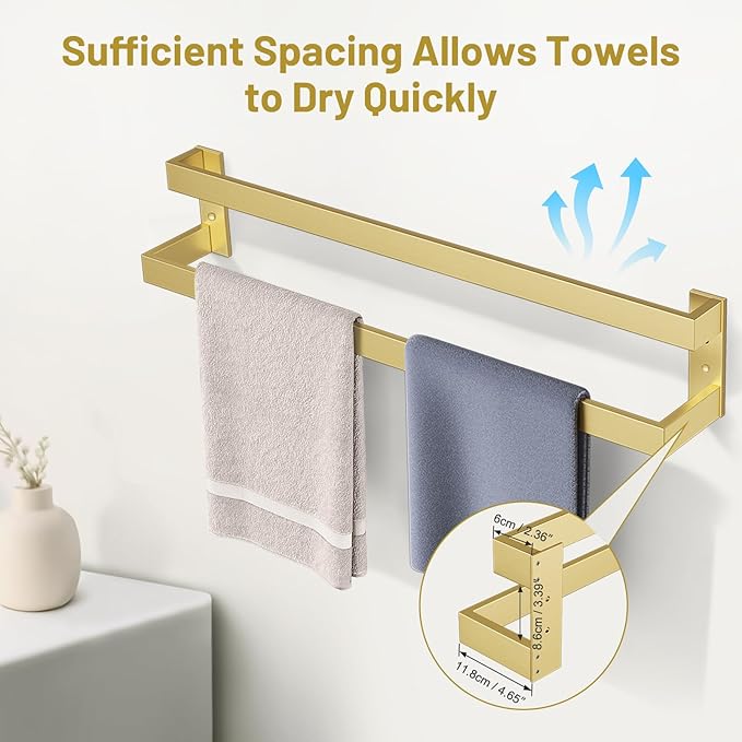 TNOMS Double Towel Bar,Towel Rack for Bathroom Stainless Steel Wall-Mounted Bathroom Hardware Accessories Brushed Gold 32 Inch