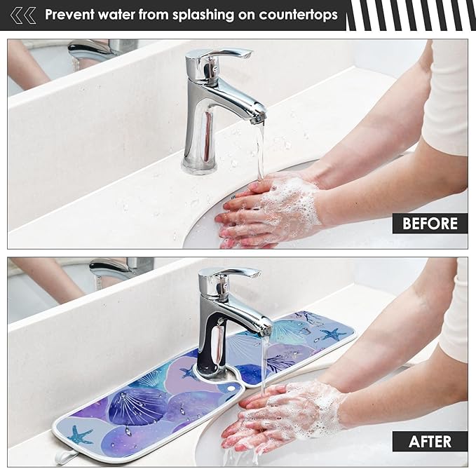 2 PCS Kitchen Sink Splash Guard 14.9 Inch Faucet Mat for Kitchen Sink Bathroom Sink Faucet Absorbing Drip Drain Mat Pad Microfiber Soft Washable Watercolor Mermaid Scales Starfish