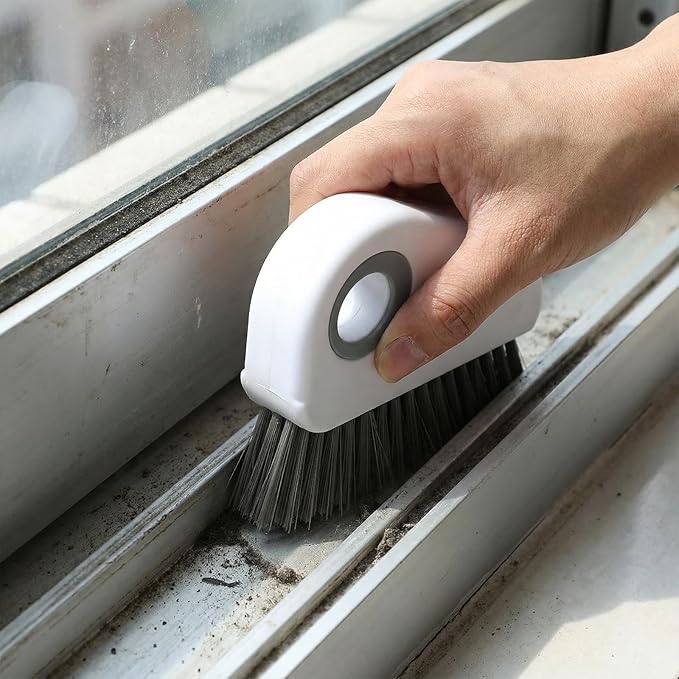 2 PCS Groove Cleaning Brush, 2 in 1 Window Track Cleaning Tool Crevice Cleanings Brush Multifunction Hard Bristle with Hidden Scraper Grout Cleaner Grip Brushes for Slid Door Track Window Sill