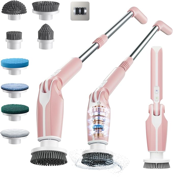 Leebein Electric Spin Scrubber, Shower Scrubber with 4 Adjustable Angles and 8 Brush Heads, Electric Scrubber with Long Handle & Remote Controller, Cleaning Brush for Bathroom, Tub, Floor (Pink)