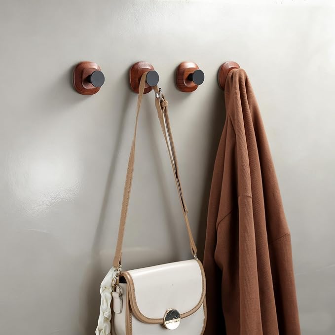 YIGII Wooden Suction Cup Hooks - Bathroom Towel Hooks Without Drilling, Reusable Suction Hooks for Hanging Coats, Bathrobes, and Bath Sponges, 4 Pack