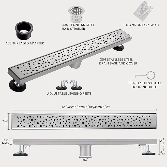 48 Inch Linear Shower Drain, Brushed Nickel Shower Drain, Removable Grate, 304 Stainless Steel, Easy to Install and Clean for Bathrooms (Drain Base Not Included), LSD-19A-48S