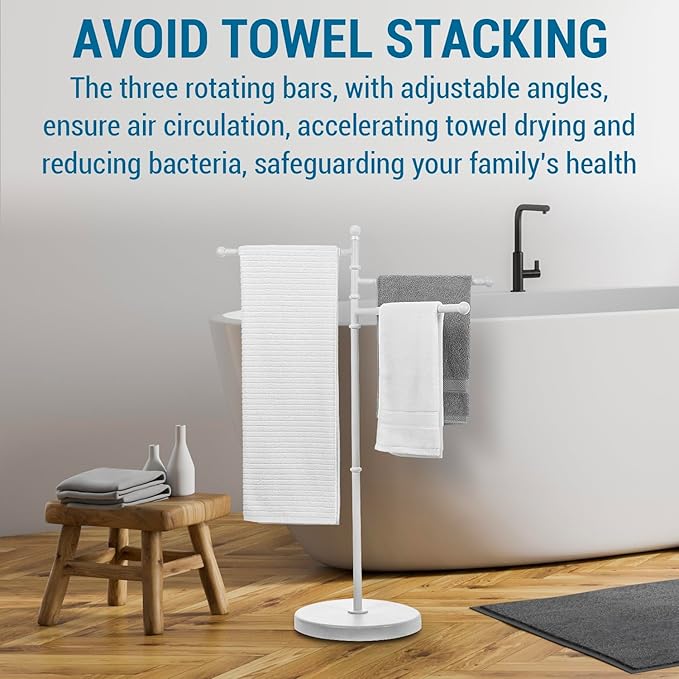MyGift 40 Inch Bathroom Towel Holder, Matte White Metal Floor Standing Rack with 3 Swivel Bars, Spa Pool Hot Tub Valet Accessories Stand for Drying Towels